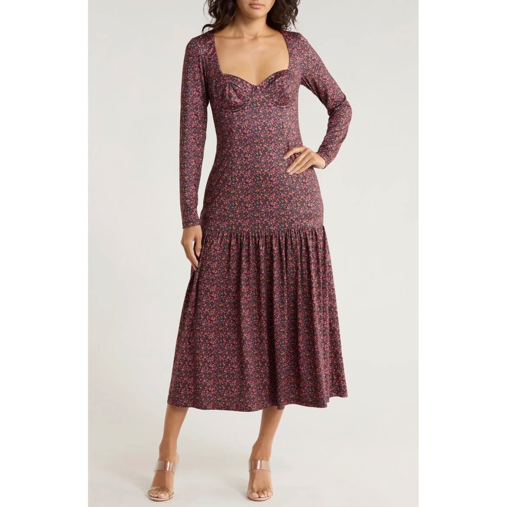 New! Hutch Chase Long Sleeve Floral Tiered Midi Dress Size Large